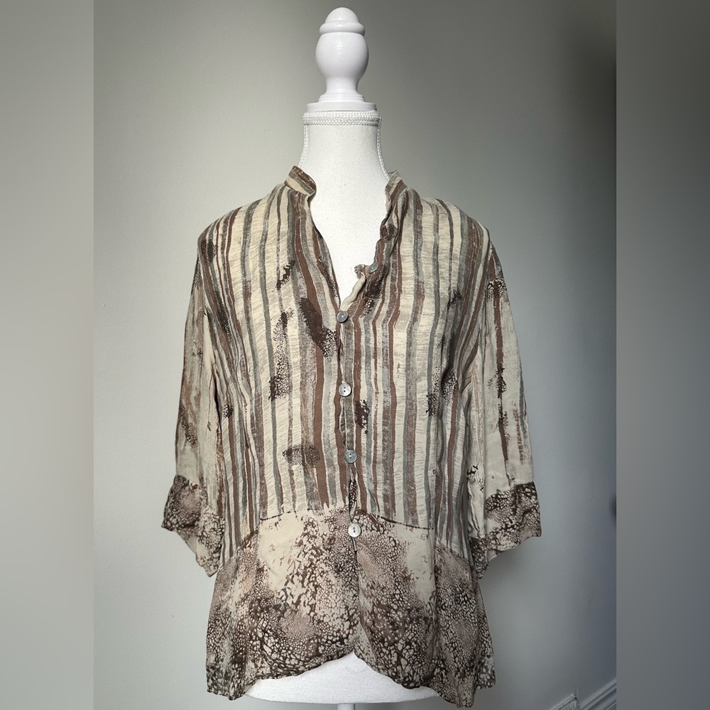 SANCTISILK 100% Silk Patterned Button Up 3/4 Sleeve Boho Blouse Size S